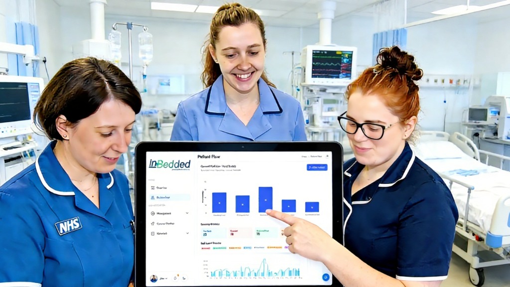 NHS nurse using the inBedded hospital bed management platform on a tablet to monitor real-time patient flow and capacity.